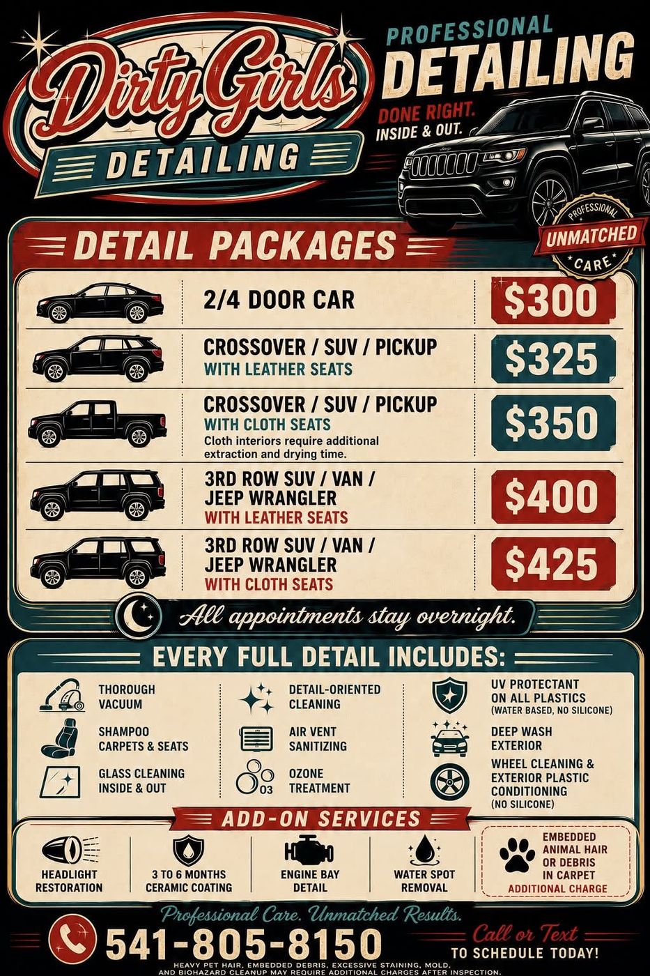 Dirty Girls Detailing full pricing menu